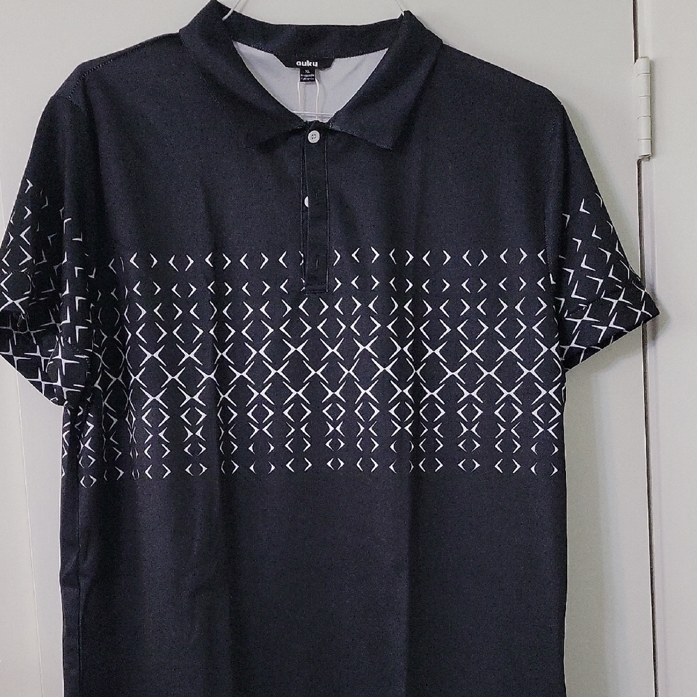 OUKU Men's Polo Shirt in black with White Pattern. Soft Fabric. 3 Button Placket